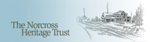 pencil sketch of the Norcross hotel situated alongside a set of railroad tracks with the words The Norcross Heritage Trust on the left